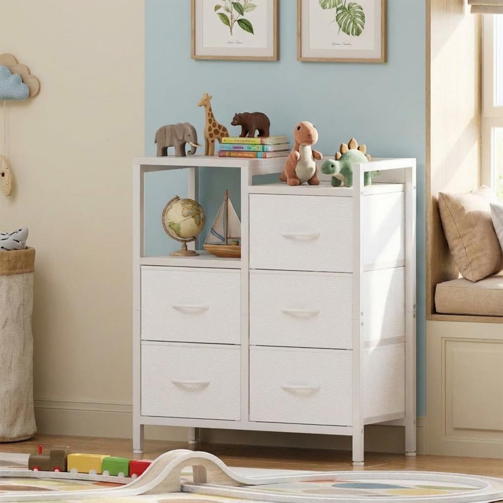 Aktenschrank 5 Schubladen, passend für A4, 63×29×72 cm | Rollbarer Büroschrank mit 5 Stoff-Schubladen und offenem Ablagefach, Druckerständer aus Metallrahmen und MDF-Platte