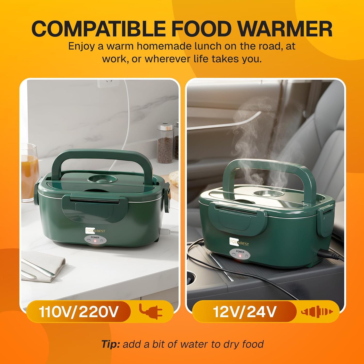 FORABEST Heated Lunch Box - 80W Electric Lunch Box - Portable Food Warmer with 1.5L Stainless Steel Container, Carry Bag & Leakproof Lid - 12V/24V Car/Truck & 110/220V Home/Office - Army Green