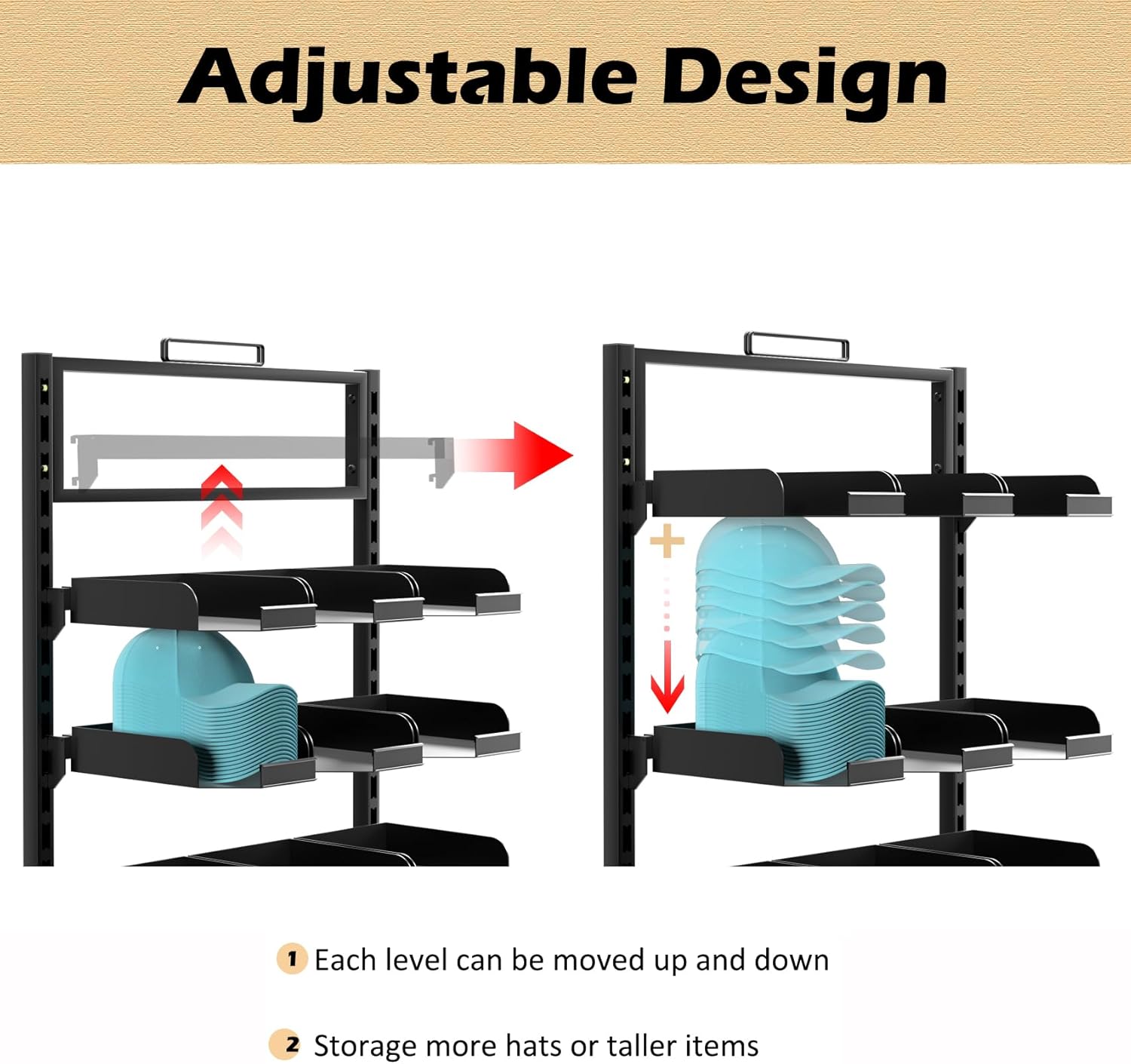 Large Hat Rack Stand - 6 Tier Adjustable Ball Cap Storage Organizer With 18 Plate Tray for 180 Baseball Hat,Standing Coat Rack, Commercial Home Use, Black Metal