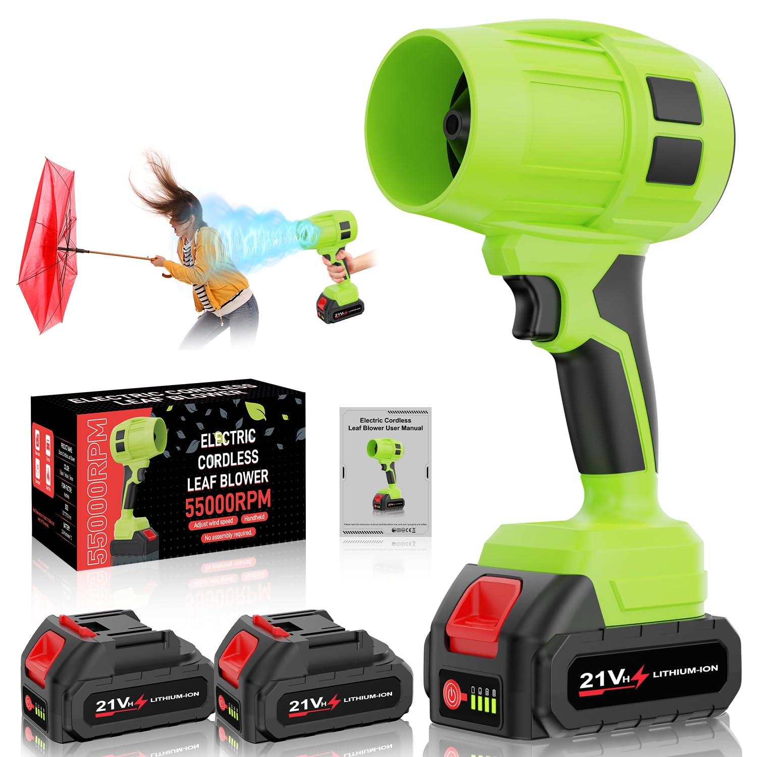 Leaf Blower Cordless with Battery, Turbo Jet Blower, 55000RPM Handheld Leaf Blower 2 X 4.0Ah Batteries for Lawn Care, Patio, Blowing Leaves, Snow Blowing (Green-001)
