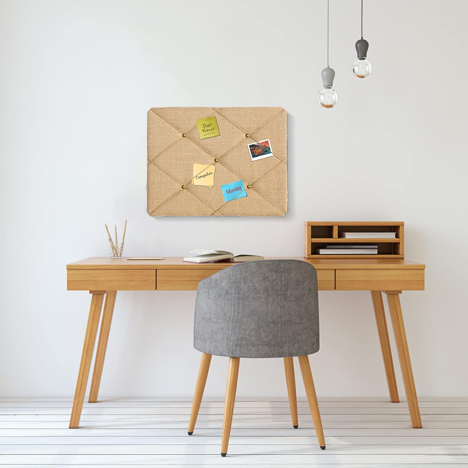 Wood Board with Linen 20x16 inch Bulletin Board Wall Decor Hanging Pin Wood Framed Display Bulletin Cork Picture Board Light for Home School Office Bedroom (Nature, 20‘’*16‘’)
