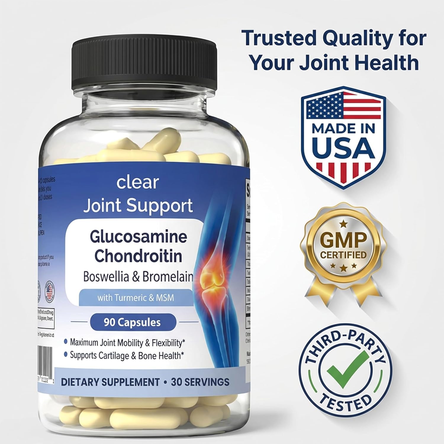 Clear Joint Support | 3 Bottle Value Bundle, 90-Day Supply (270 Capsules) | Glucosamine Chondroitin MSM, Turmeric & Boswellia | Supports Knee, Hip & Back Health | Made in USA