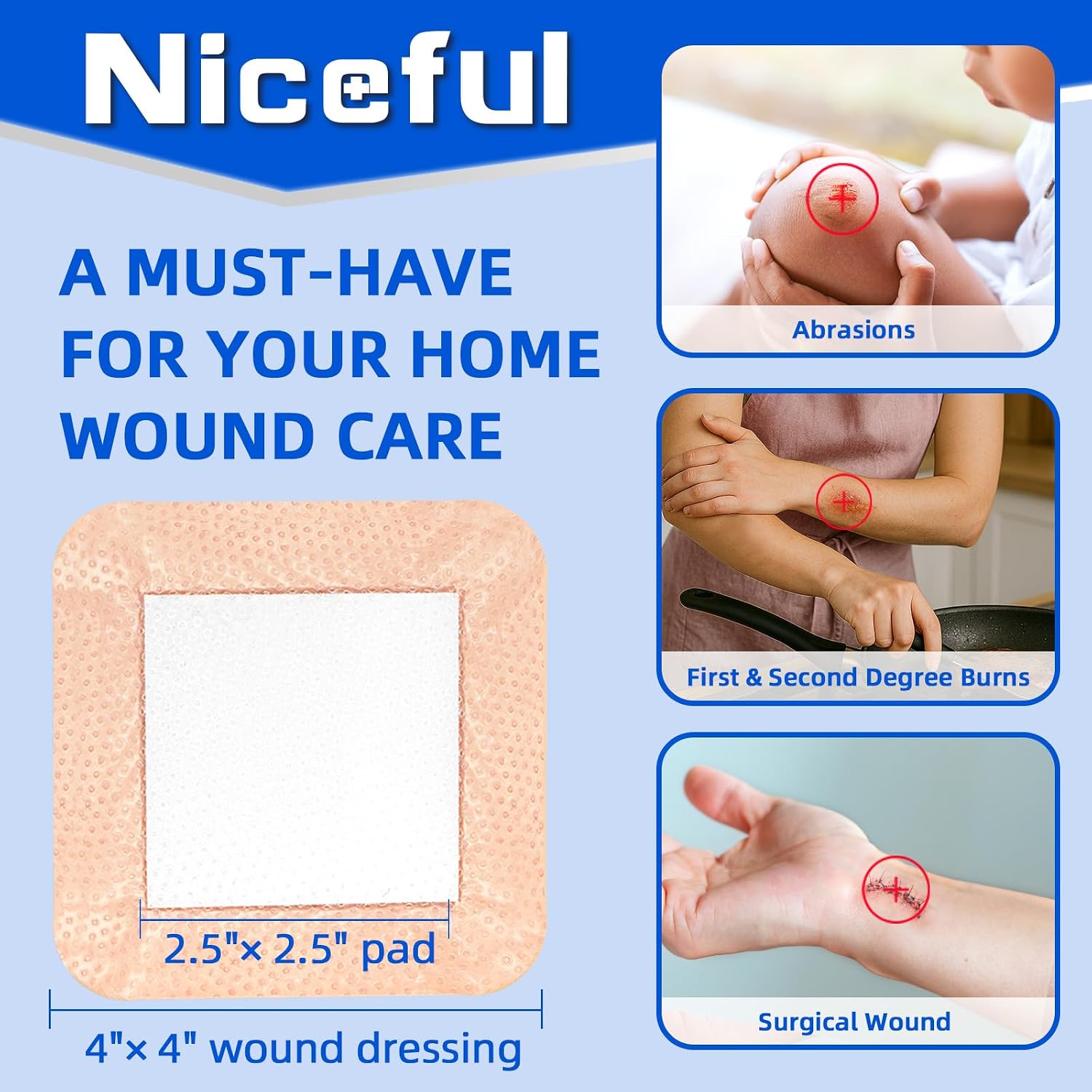 Niceful Silicone Foam Lite Dressing for Sensitive Skin 4"x4" (8 Count)– Medical Grade Ultra Soft Large Bandages for Bed Sore, Minor Surgical Incisions, Abrasions and Blisters