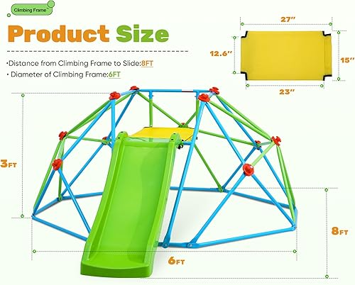 Vista 3 de Zupapa Cúpula de escalada con tobogán, barra de mono de gimnasio de la selva de 8 pies para patio trasero, carga máxima de 440 libras, marco
