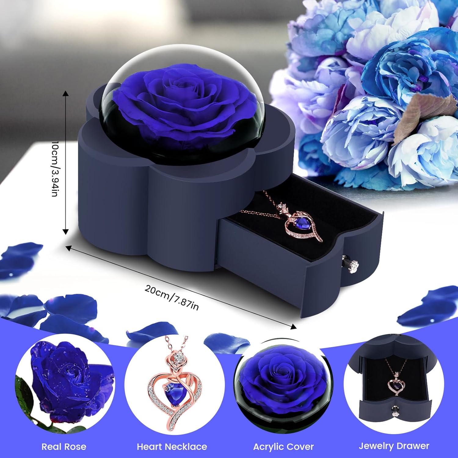 Preserved Rose with Heart Necklace, Eternal Flower Gift for Mom Wife Girlfriend Women Perfect for Valentine's Day Birthday Anniversary Mother's Day Christmas Blue Rose - Image 3