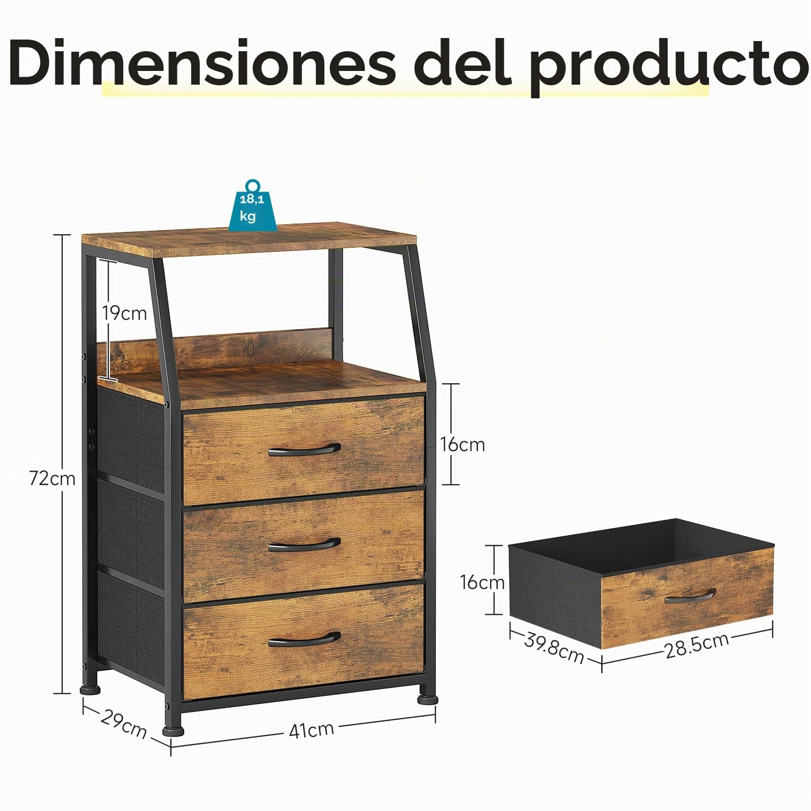CAIYUN Cómoda, mesita de noche, mesa auxiliar, cómoda con 3 cajones, cómoda para dormitorio, armario, armario de almacenamiento Fácil de montar, estable (Marrón rústico, 3 capas)