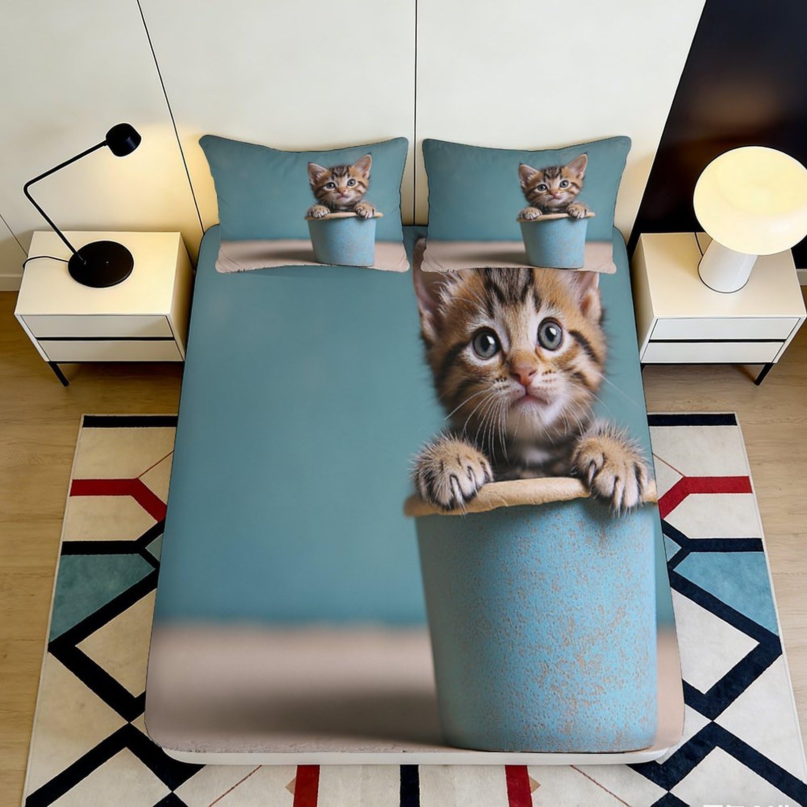 Wtorimpel Style-9 3D Printed Cute Cat Fitted Sheet Microfiber Deep Pocket Non-Slip Bedroom Cat Mattress Fitted Cover Full Wrap Washable For Adults Teens 140X200x25cm