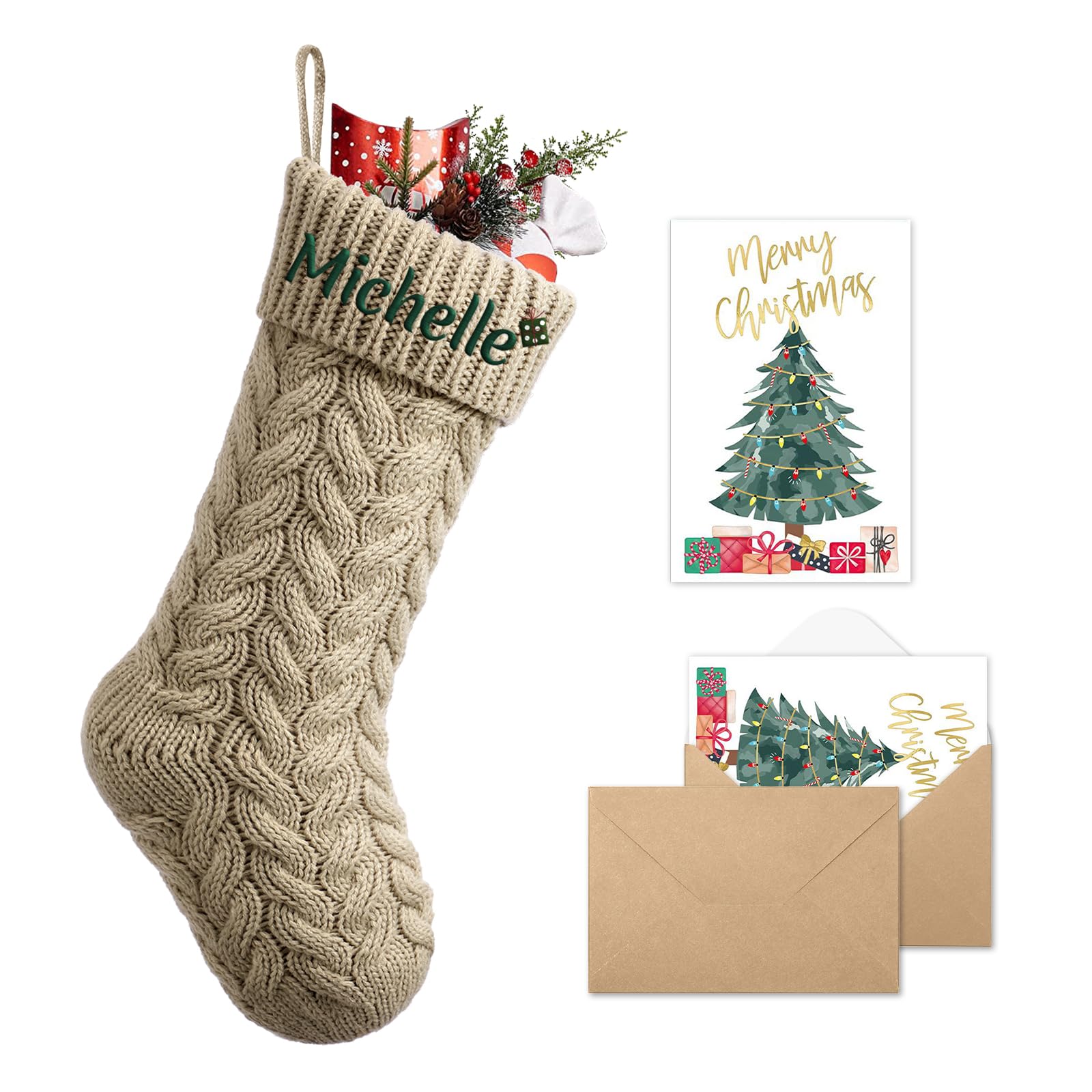 bolukets Personalised Christmas Stockings with Christmas Cards, 18" Large Knit Christmas Stocking Custom Embroidered Name Monogram for Family Khaki