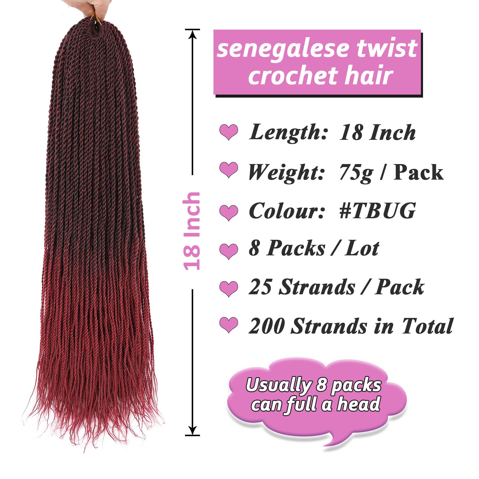 Samtress 8 Packs 18 Inch Senegalese Twist Crochet Hair Extensions Red 25 stands/pack Synthetic Crochet Twists Braids Hair For Women (#Tbug) - Image 2