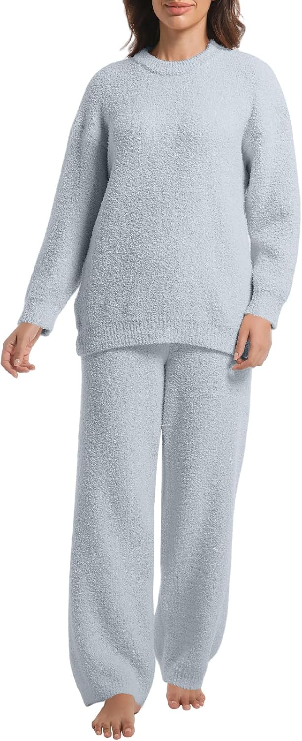 2 Piece Fleece Pajamas for Women Set Loungewear Outfits Knit Sweater Womens Long Sleeve Fuzzy Pajama Sets - Image 2