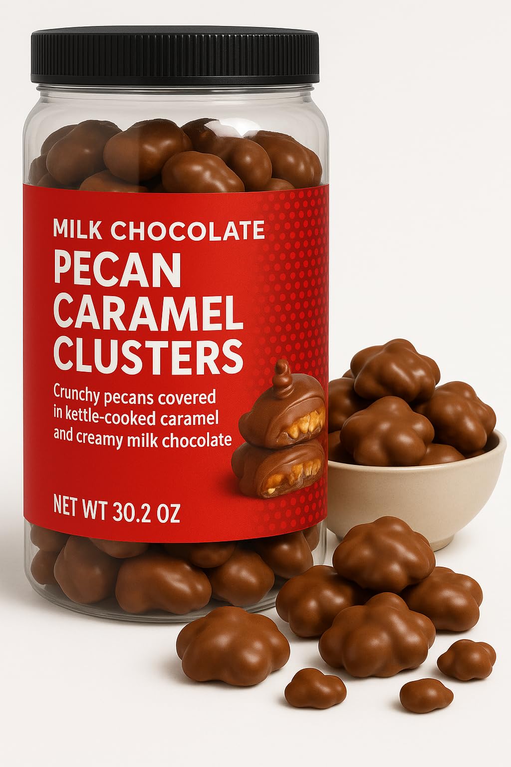 Milk Chocolate Pecan Caramel Clusters, 30.2 Oz Resealable Jar, Small Batch Kettle-Cooked Candy, Perfect for Snacking and Gifting