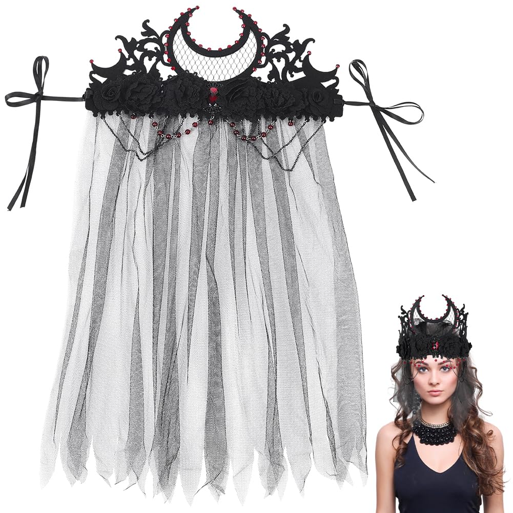 CABODYALS Black Flower Rose Crown Tiara Gothic Floral Witch Headpiece Dark Vampire Headband Costume Hair Accessories with Mesh Veil Halloween Headpieces for Women Cosplay Party Festival Photo Prop
