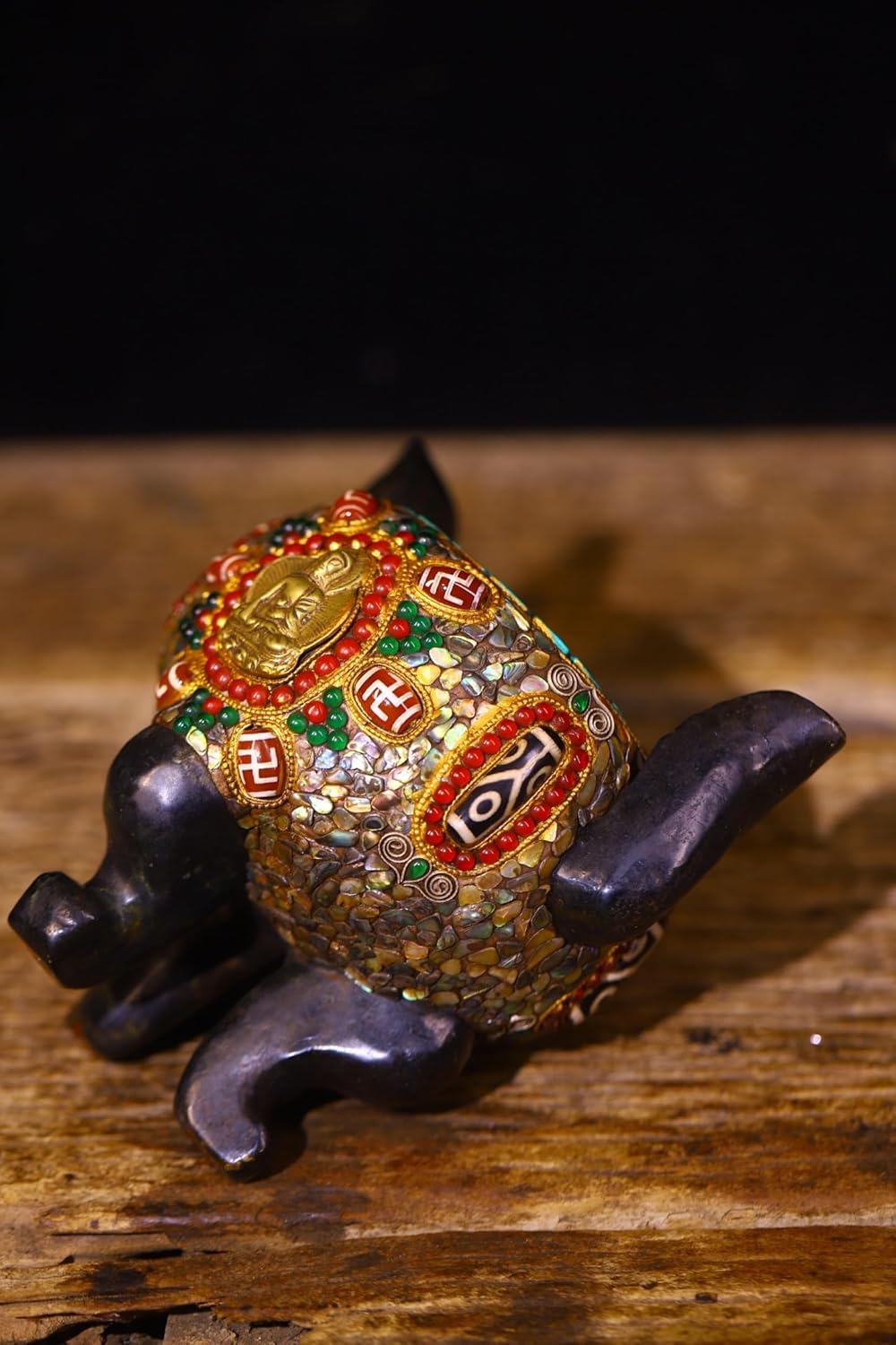 6" Old Natural Meteorite Mosaic Gem gZi Beads Turquoise Shakyamuni Buddha Pattern Double Ear Three Legged Incense Burner Amulet