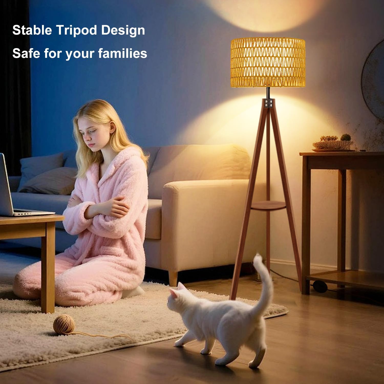 Vinaco Boho Tripod Floor Lamp with Shelf, Double Lampshades Mid-Century Standing Lamps, 3 Color Temperatures Wicker Floor Lamp, Foot Switch Rattan Tall Lamps for Bedroom, Living Room, Office