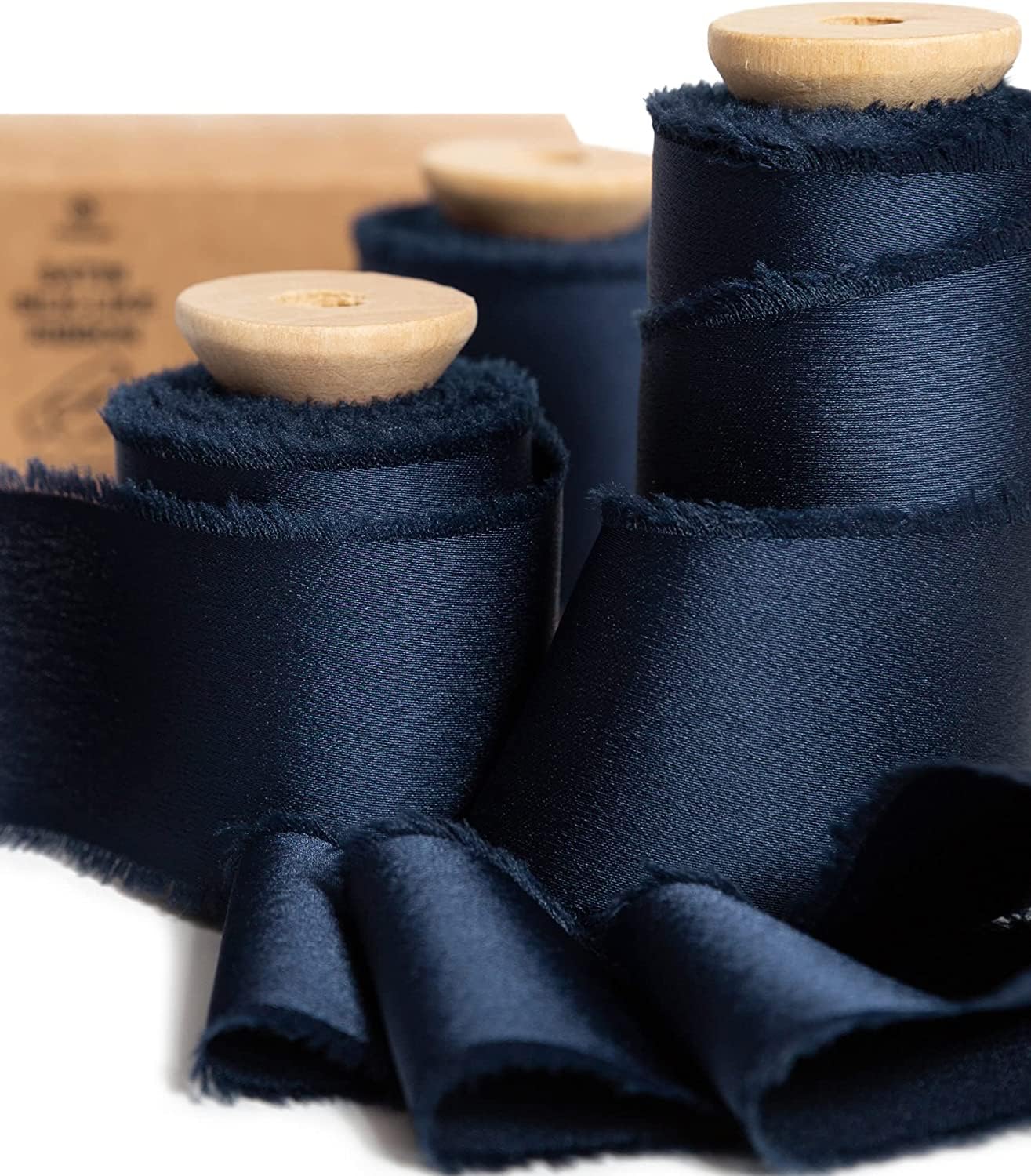 Vitalizart Navy Blue Satin Ribbon 1.5" x 15Yd with Wooden Spool Handmade Frayed Edged Fringe Silk Like Chiffon Ribbons for Wedding Invitations, Bridal Bouquets, Gifts Wrapping, Birthday Decoration