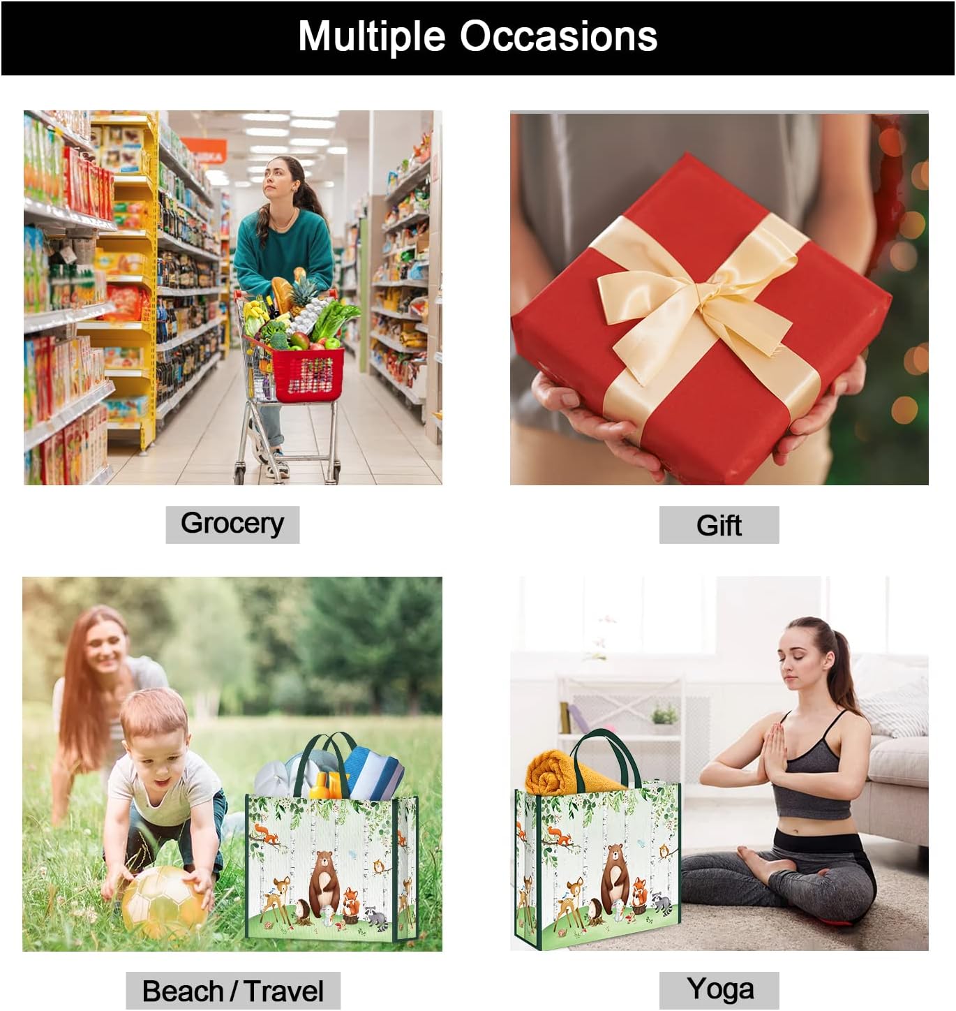 NymphFable 5 Pack Foldable Tote Bags 17.7 * 15 * 5 inches Kids Party & Reusable Candy Goodie Washable Grocery Animal Pattern Treat Shopping Bags - Image 6