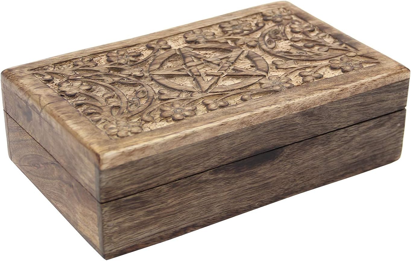 DharmaObjects Hand Carved Jewelry Trinket Keepsake Wooden Storage Box (Triple Moon, Large)