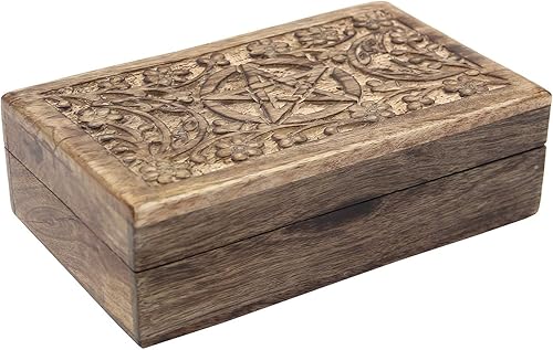 Miniatura 5 de DharmaObjects Caja de almacenamiento de madera tallada a mano para joyería (Triple Moon, grande)