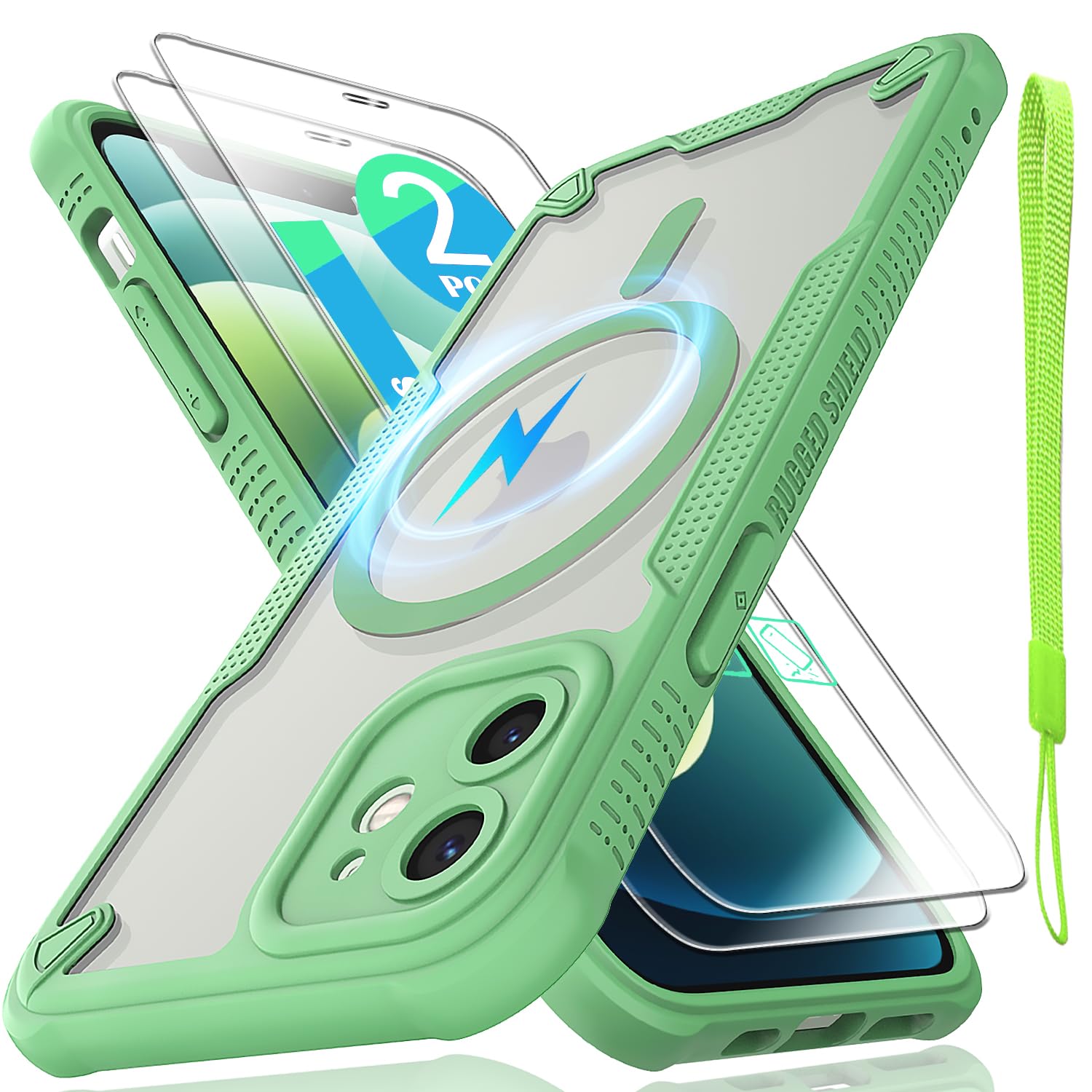 Htlhpxx for iPhone 12 Case with Magsafe Magnetic Slim Shockproof Protective Case,Translucent Matte Back with Lanyard Strap and 2 * 9H Tempered Glass