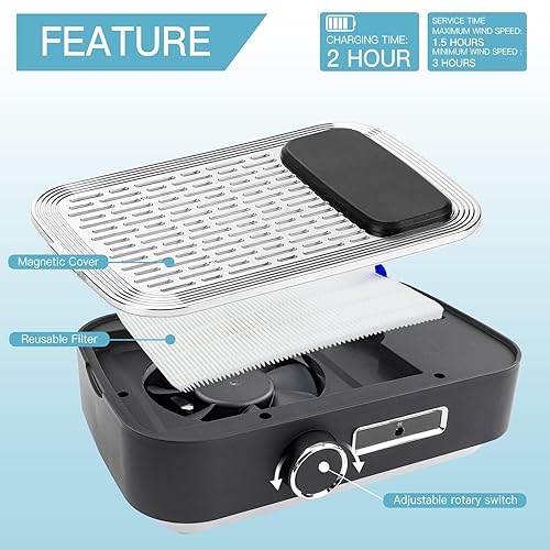 Miniatura 2 de Colector de polvo de uñas recargable con 2 filtros reutilizables, potente máquina de succión de polvo de 80 W, colector de polvo con succión