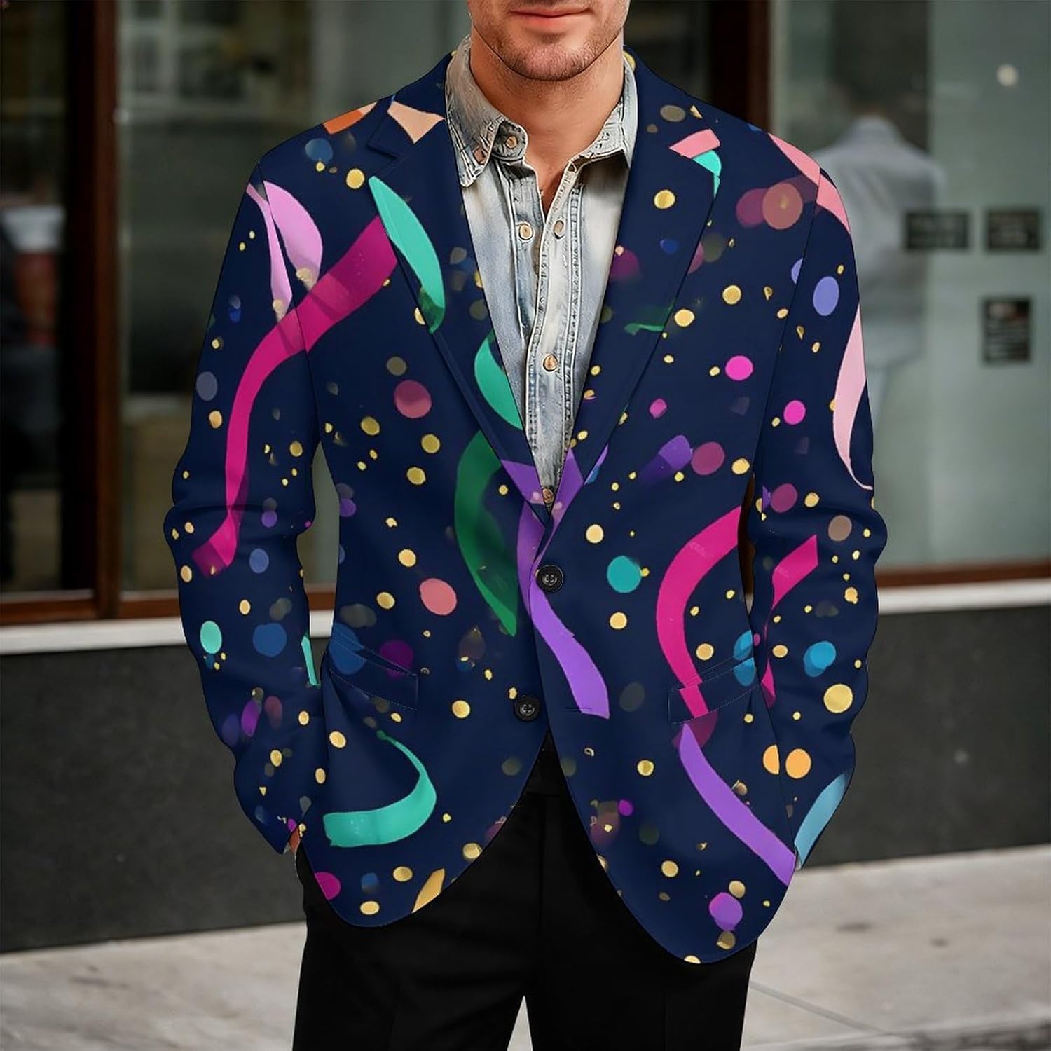 Colorful Ribbons Party Fashion Blazer for Men Suit Jackets Lightweight Button Lapel Sport Coats
