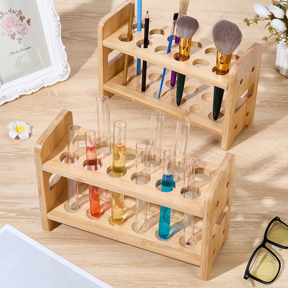 UNICRAFTAL 2 piezas soporte de tubo de bambú 12 agujeros portaprobetas multifunción bandeja rectangular 26,3 x 10 x 17 cm para tubos lápices pinceles plantas decoración laboratorio y hogar