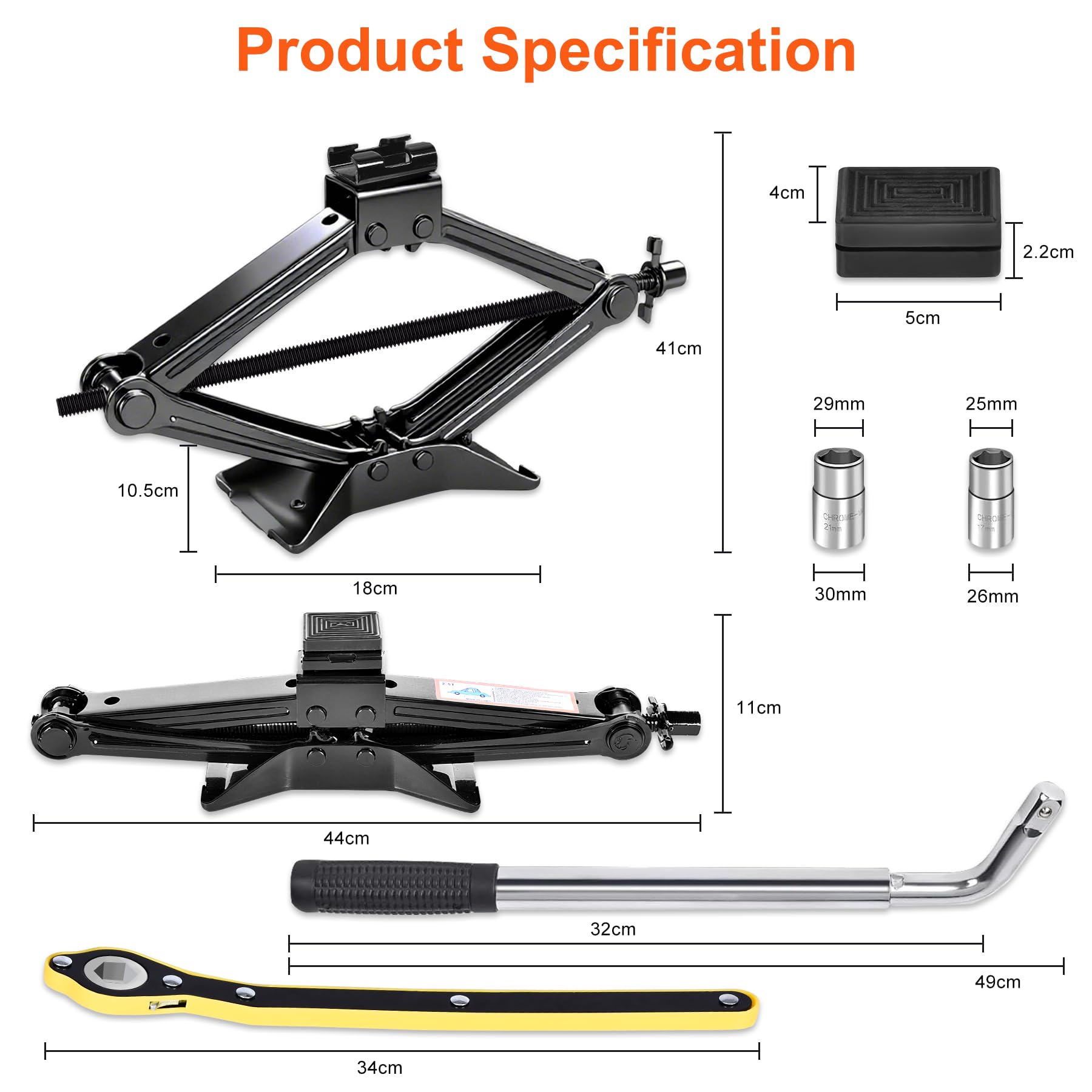 SPECILITE Gato de Coche 2,5 T, Elevador Cochecon Universal para Automóviles con Placa Base de Acero Extendida, Completo con Espaciador de Goma y Llave, Car Jack para Coche Familiar SUV, MPV
