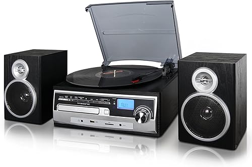 Trexonic Tocadiscos de vinilo de 3 velocidades con reproductor de CD, radio FM, Bluetooth, grabación USBSD y altavoces con estante con cable, negro