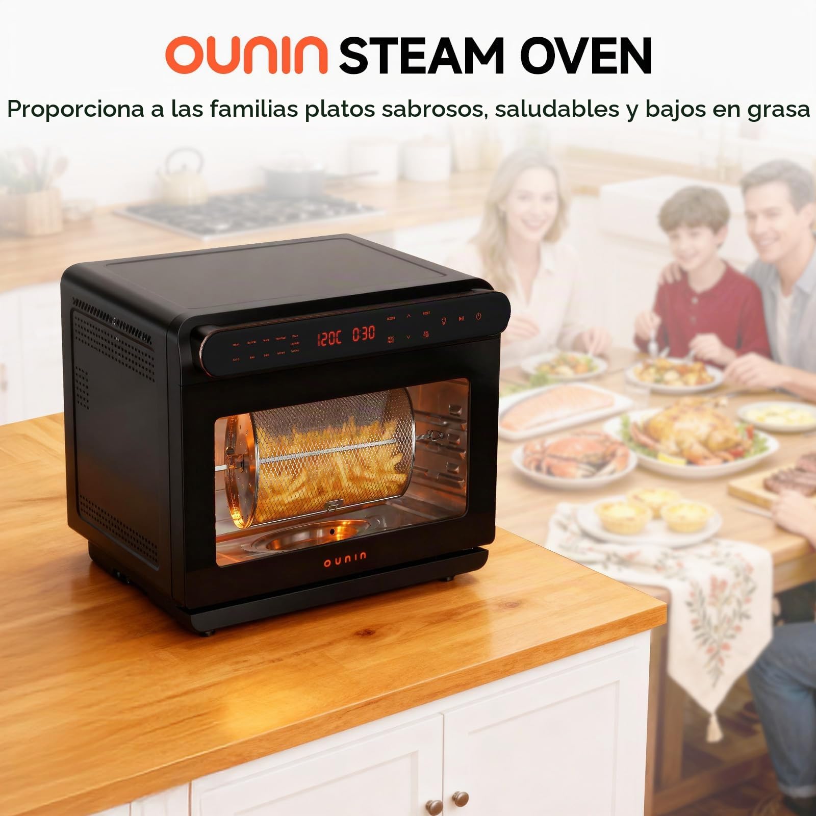 OUNIN 24L Horno Multifunción, 11 en 1 Horno con Freidora de Aire, Cocción en Doble Capa, Aire Caliente 360°, 1600W, Para Calamares Fritos, Croquetas Fritas, Chuletas de Cordero Asadas y Pan Horneado