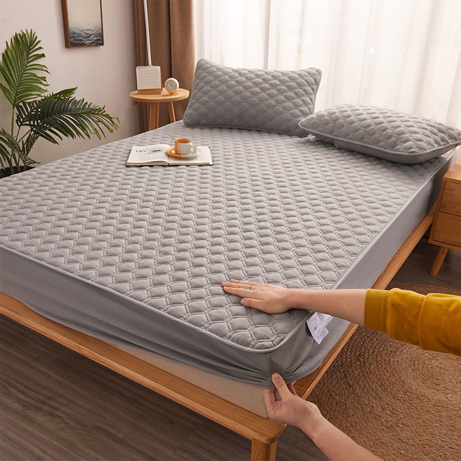 Spannbettuch Quilt-Bastelschicht rutschfeste Befestigung Matratzenschoner(Light Gray,135x190cm/high 5-25cm)