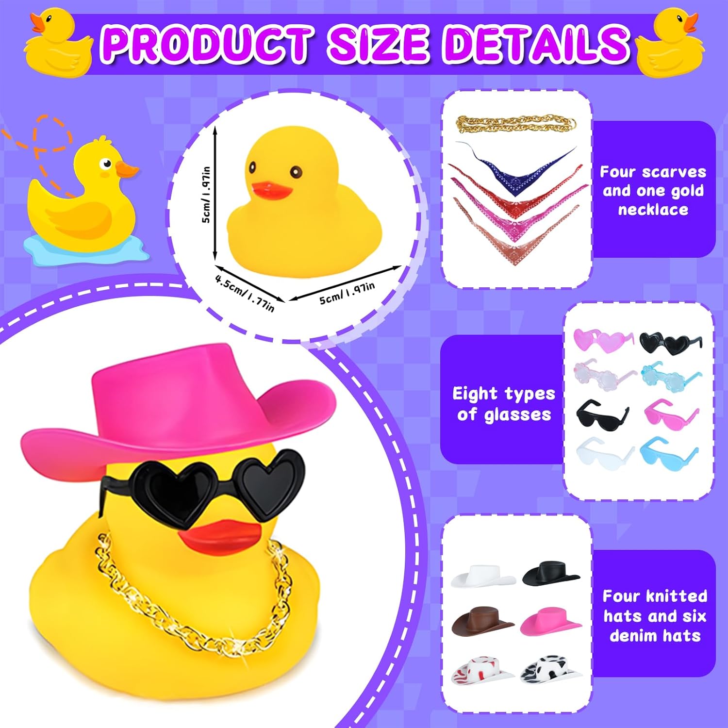12 Pcs Rubber Ducks for Jeeps DIY Accessories - Cowboy Hats, Knit Hats, Golden Necklace & Sunglasses, Car Dashboard Decor, Ducking Gifts for Jeep Owners (Random Styles)