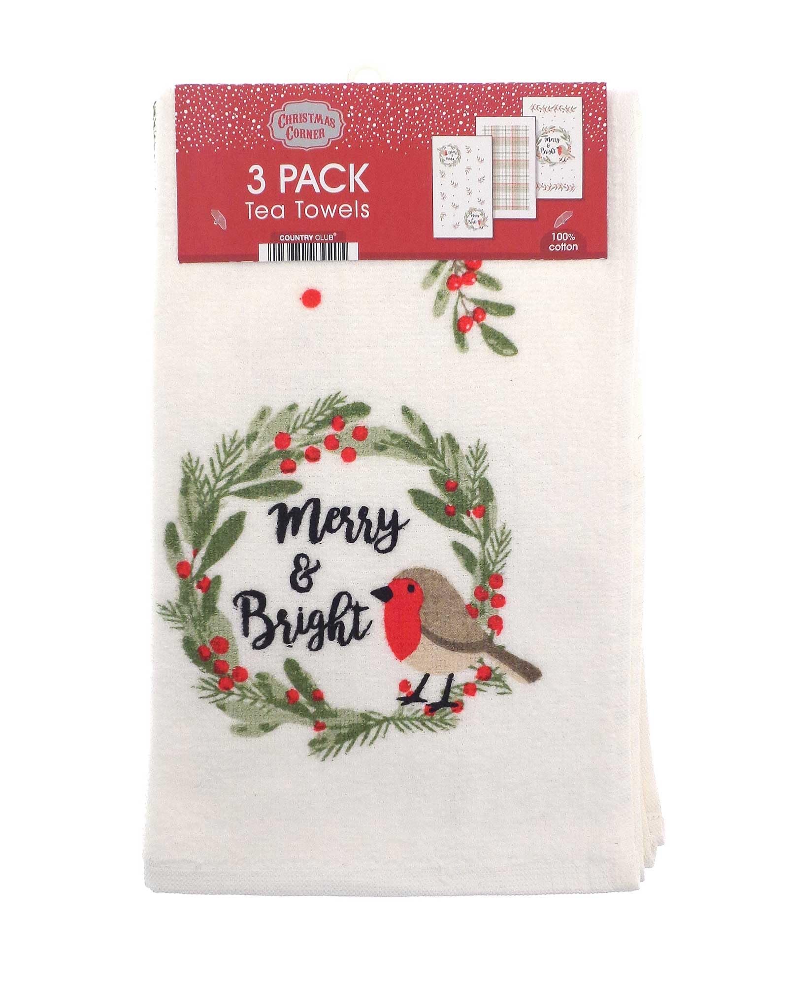 B4E Pack of 3 Christmas Design 100% Cotton Tea Towels - Festive Robin