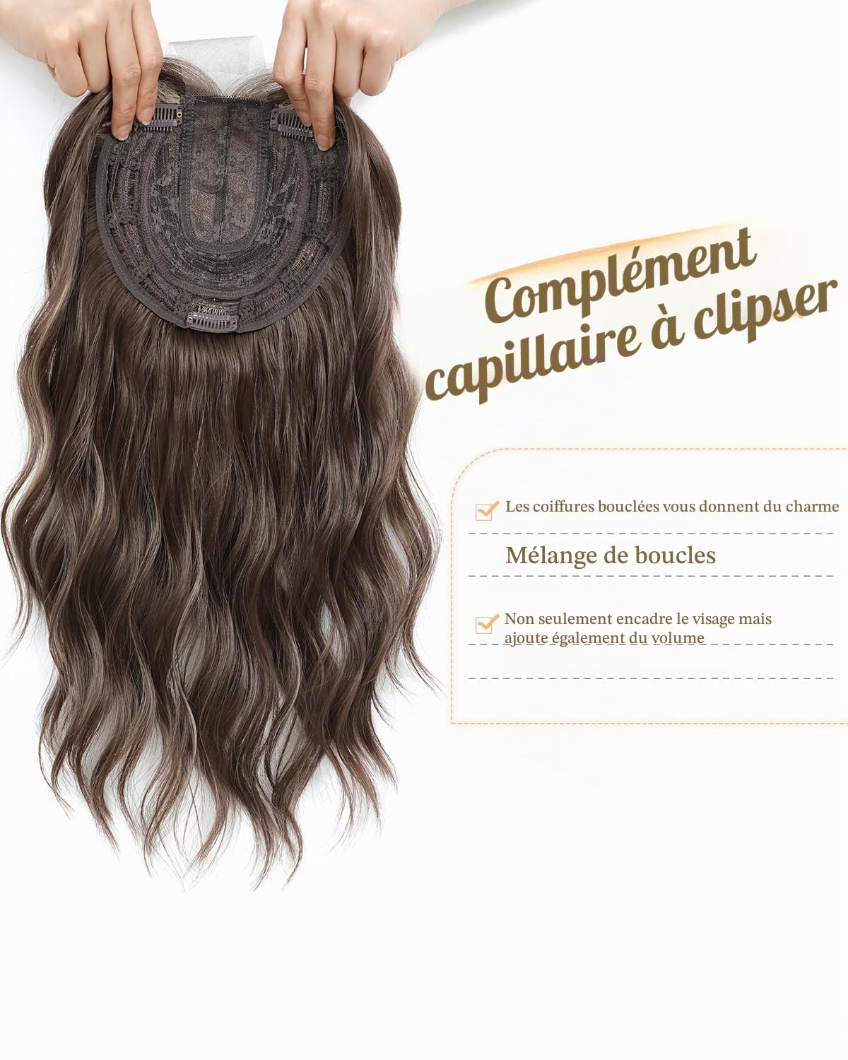 MORICHY Extension capillaire à clipser ondulée avec frange - 40,6 cm - Ajoute du volume et de l'épaisseur pour femme (mèches brunes)