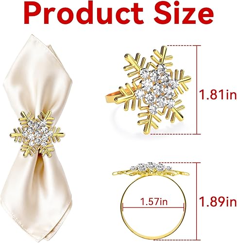 Miniatura 2 de ZeeDix Juego de 8 servilleteros de copos de nieve dorados de Navidad, anillos de servilletas para mesa de comedor, decoración de mesas rústicas para
