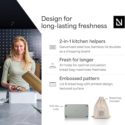 Miniatura 2 de LARS NYSØM Caja de pan I Caja de metal con bolsa de lino para una frescura duradera I Panera con tapa de bambú utilizable como tabla de cortar I