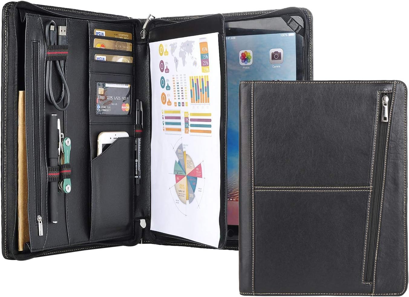 Leather Portfolio A4 Business Padfolio Handmade Genuine Leather Document Holder Zipped Organiser Case Conference Folder with iPad Holder for iPad 10.5/11" Black