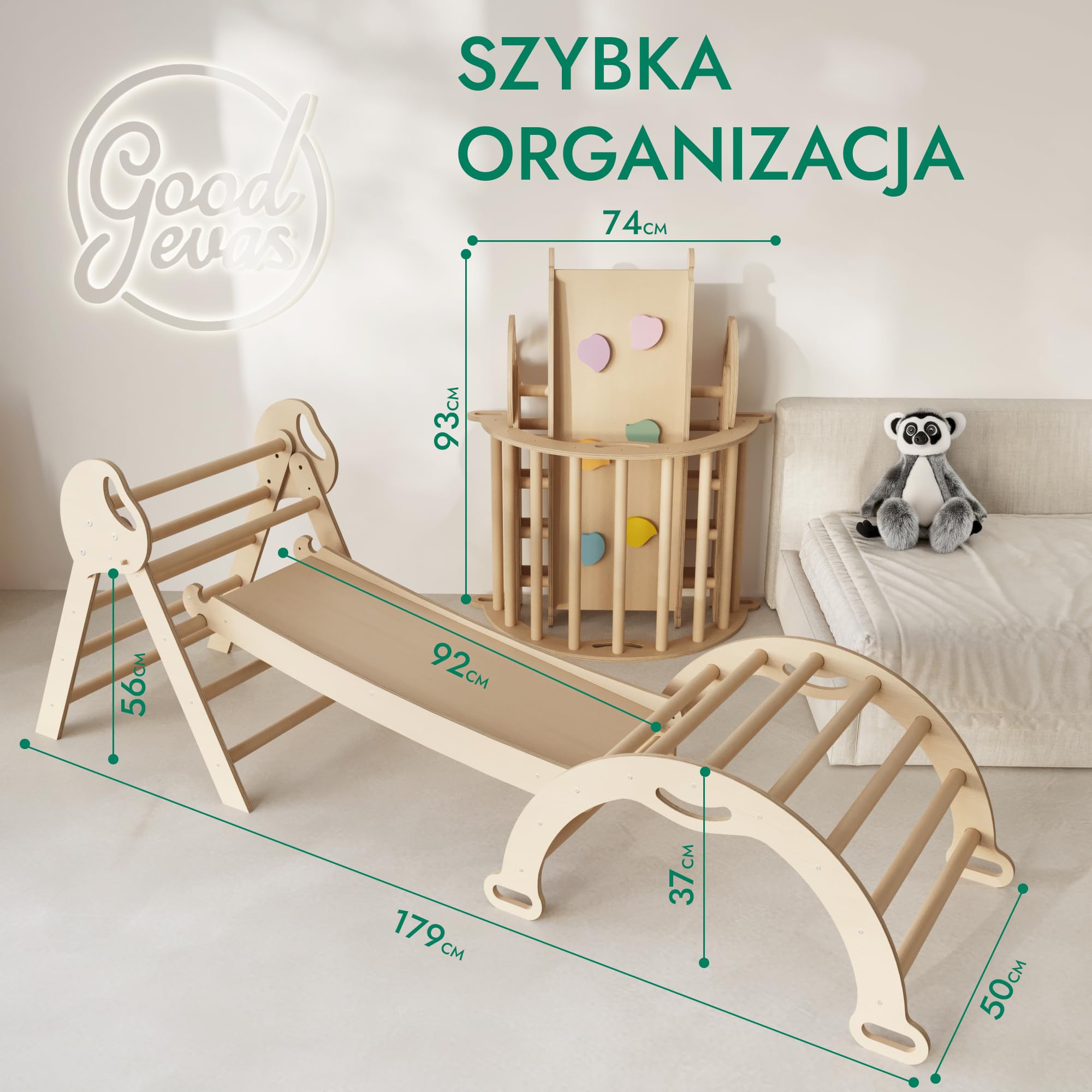 Goodevas Montessori zestaw rusztowań wspinaczkowych 5 w 1: do wnętrz, trójkąt wspinaczkowy, łuk wspinaczkowy z poduszką i zjeżdżalnią dla dzieci, plac zabaw dla dzieci w wieku 1-3 lat