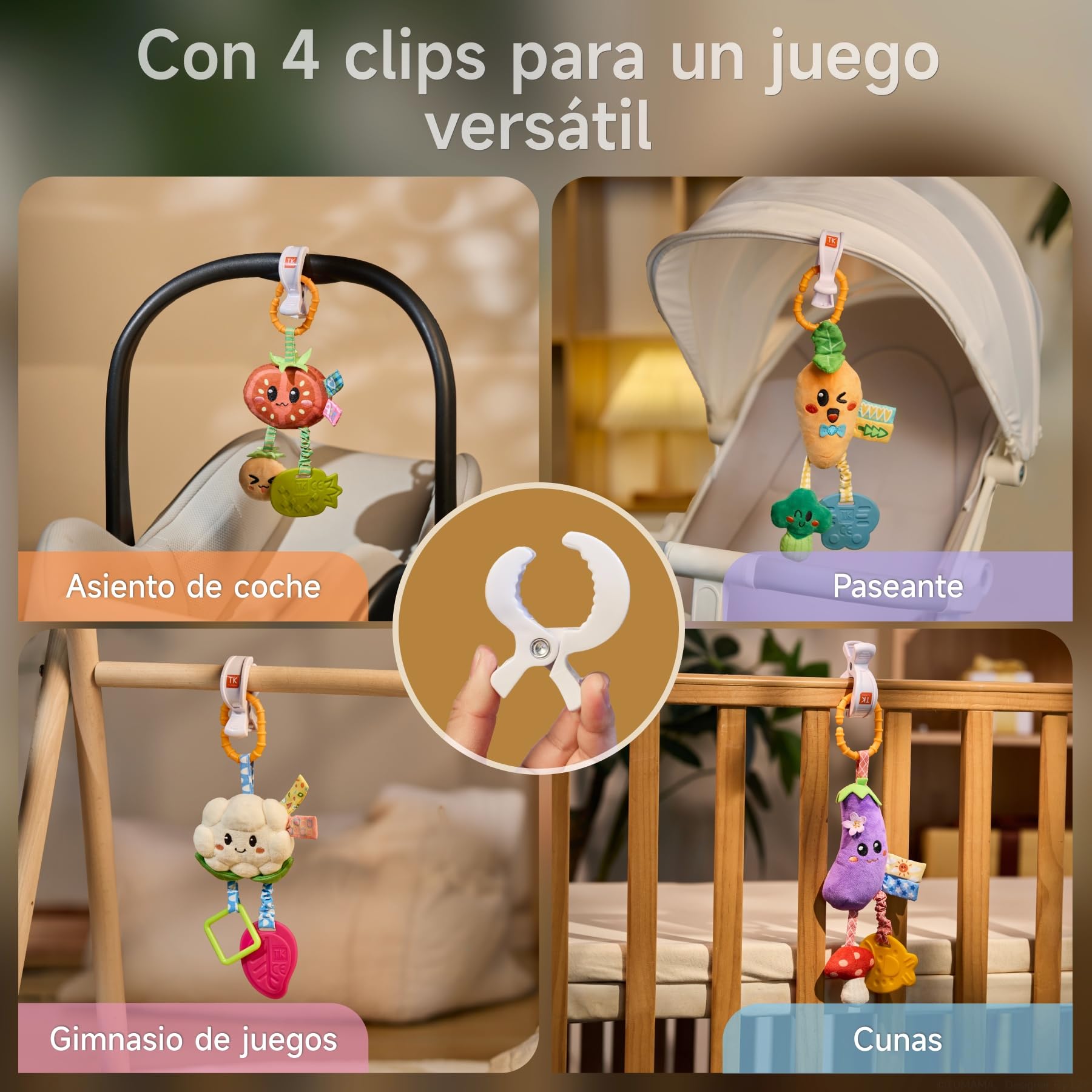 TUMAMA KIDS Juguetes Bebes 0 3 6 9 12 Meses, Sonajero Colgante para Cochecito, Juguetes Sensoriales Bebe para Niño y Niña, Paquete de 4