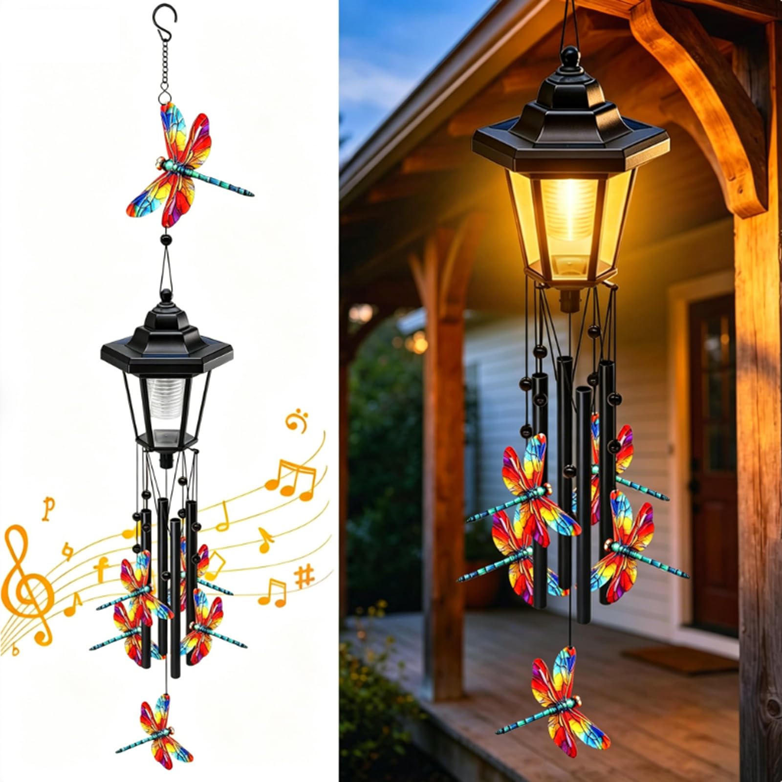 JORCEDI Wind Chimes for Garden, Hanging Solar Lights Outdoor, Waterproof Hummingbird Wind-Chime Decoration Gifts for Women (dragonfly)