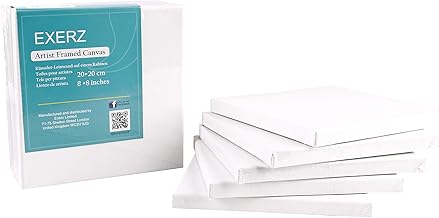 Exerz Tele per pittura 20x20cm set da 5 /Tele d’artista intelaiate/280GSM/Prestirate 100% Cotone/Vuote/Imprimitura tripla/Tre strati di gesso/Prive di acidi/Grana media/spessore 1,7cm