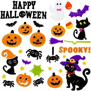 Halloween Gel Window Clings Cats, Cauldrons, Jack-o-Lanterns, 4 Sheets
