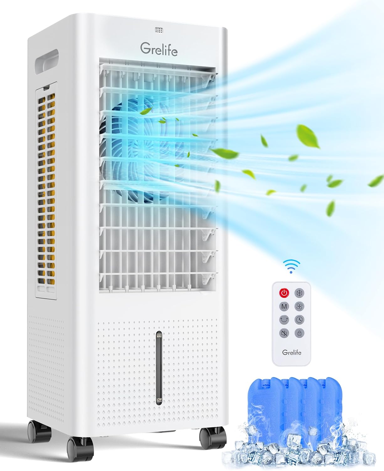 Grelife Portable Evaporative Air Cooler, 3-IN-1 Air Cooler Cooling Fan with Remote Control, 12H Timer, 4 Ice Packs, 1.58Gal Water Tank, 3 Modes, 3 Speeds, Personal Swamp Cooler for Bedroom Home Office