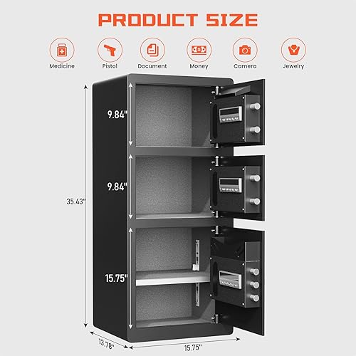 Miniatura 5 de Caja de seguridad para el hogar extragrande de 8.0 Cub, impermeable, con 3 puertas, caja fuerte digital con ranura de acceso rápido, gancho para