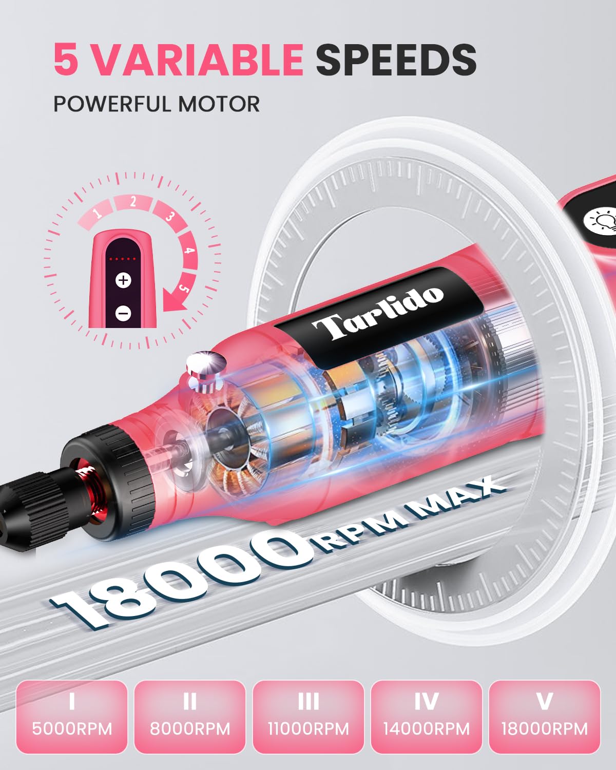 Tarlido Mini kit de herramientas giratorias inalámbricas, 5 velocidades y carga USB con 61 accesorios, herramienta giratoria multiusos de 3.7 V para lijar, pulir, taladrar, grabar, manualidades, color