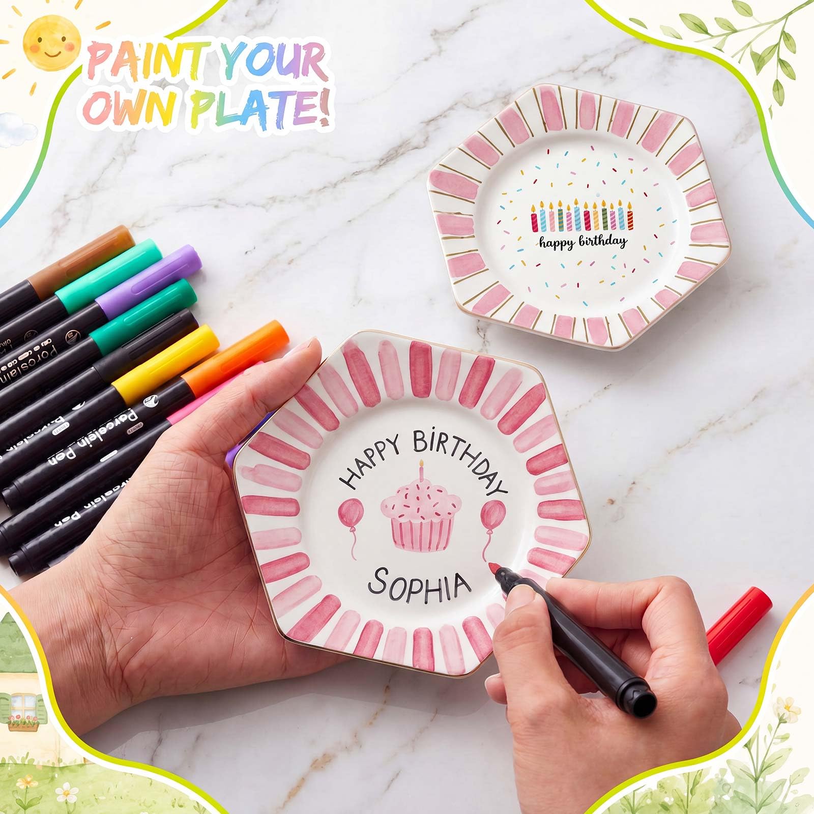 Sinmoe Set di Pittura Ceramica DIY 2 Piatti in Ceramica Vassoio da Portata Bianco 12 Penne in Porcellana per Lavastoviglie 2 Espositori e 1 Scatola Regalo per Pasqua Coppie Amici Famiglie (Esagonale)