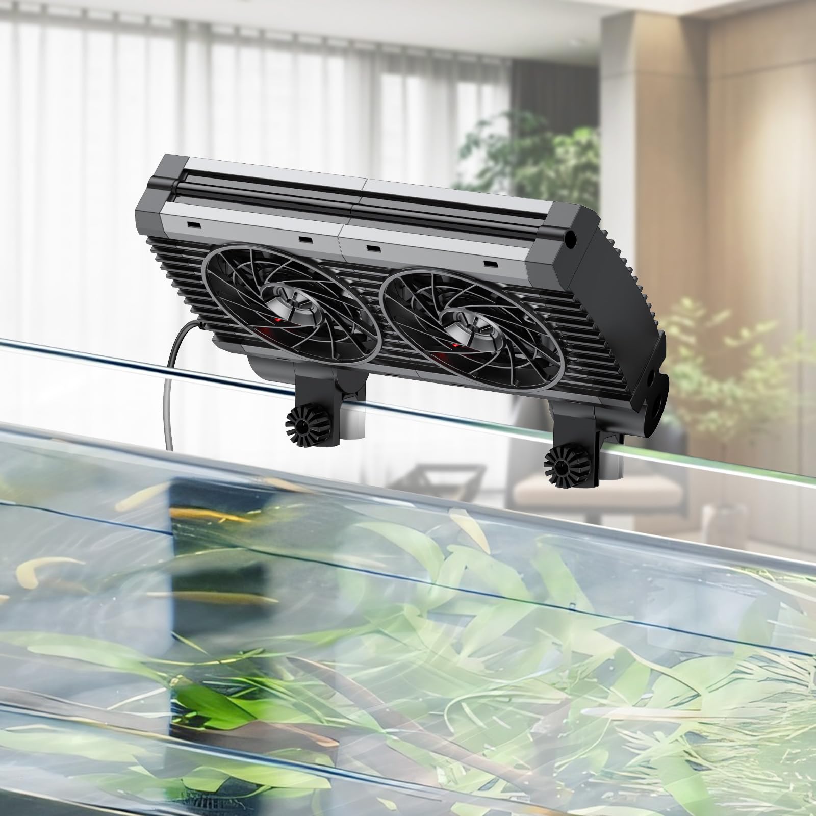 Pawfly Aquarium Kühler, Leiser Aquarium durchlaufkühler, Aquarium Lüfter mit Einstellbarer Geschwindigkeit und Timer, Terrarium Wasserkühler für bis zu 60cm Süß- und Salzwasserbecken (2 Lüfter)