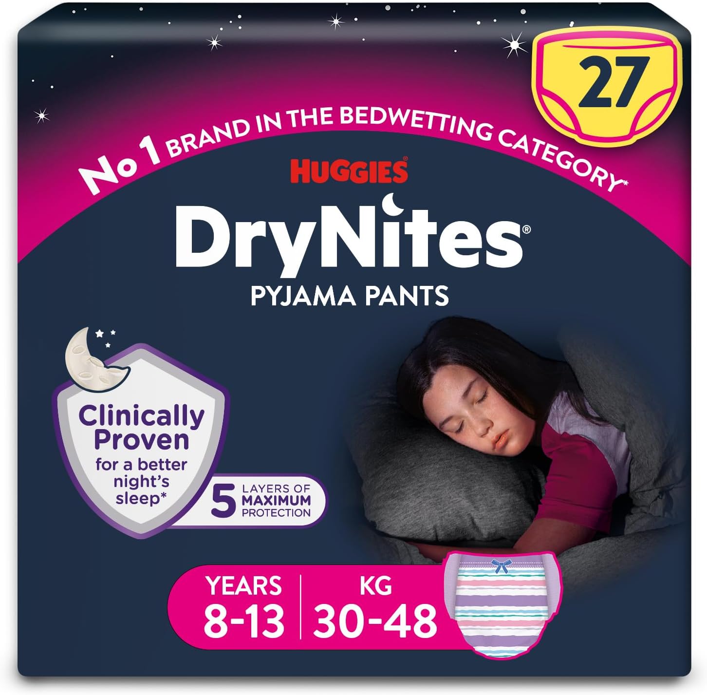 HUGGIES DryNites, Pyjama Pants, Girls 8-13 Years (30-48KG), 27x Bedwetting Pants, Up to 100% Leak Free Nights