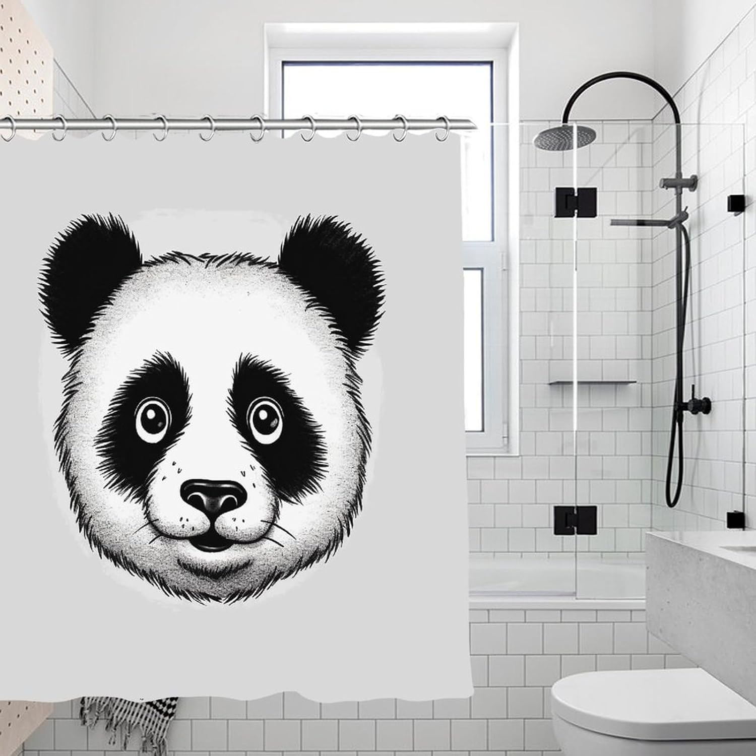 Anime Panda Face Shower Curtain with Hooks Modern Farmhouse Bathroom Curtain Waterproof Cloth Bath Curtains Cute Washable Blackout Privacy Curtains for Bathroom Bathtub 70.8"x70.8" image 2