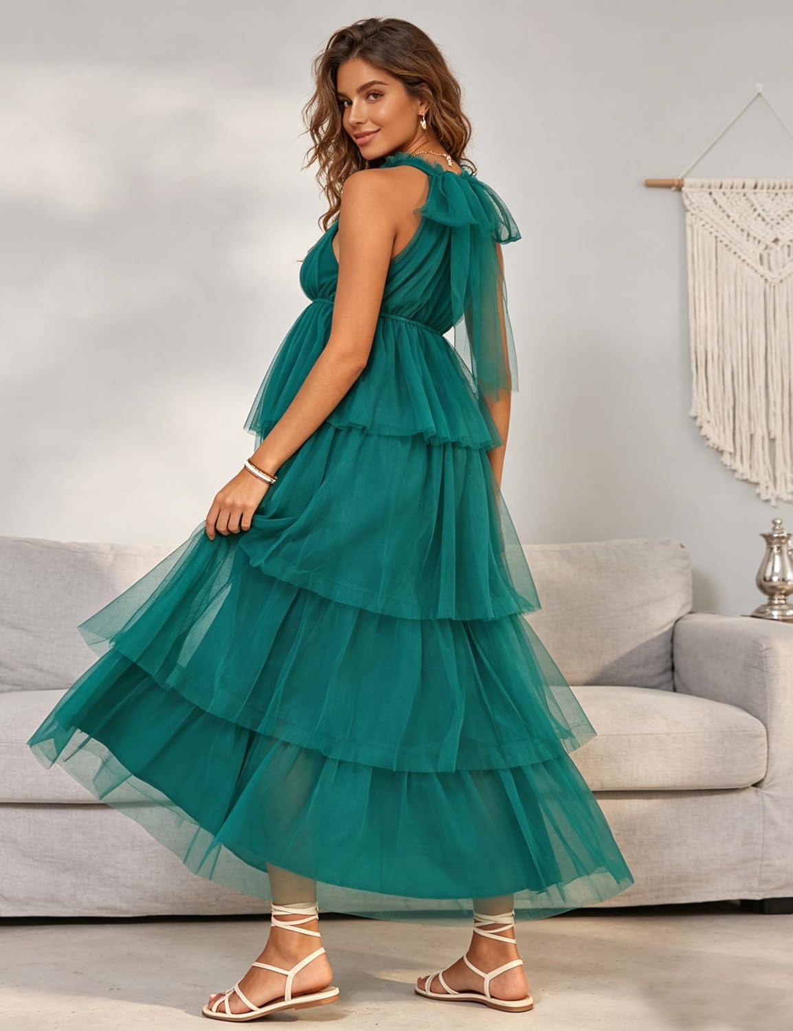Women's Maternity Halter Neck Maxi Dress Tulle Layered Ruffle Back Tie Flowy Gown for Baby Shower