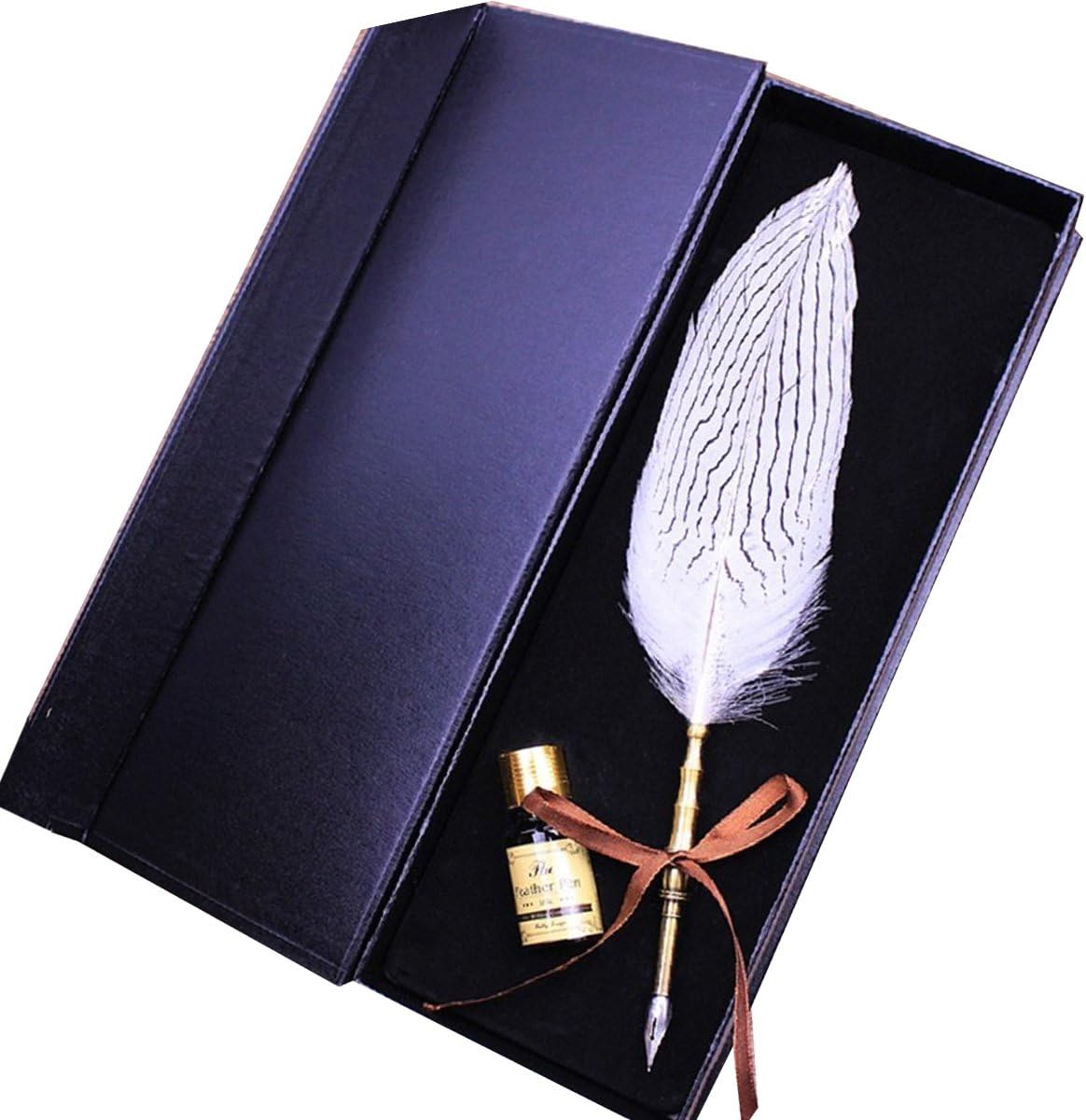 Dip Pen Set Jubapoz Calligraphy Feather Quill Pen Set Antique Feather Writting Quill Ink Dip Pen (NO Ink, White Feather)